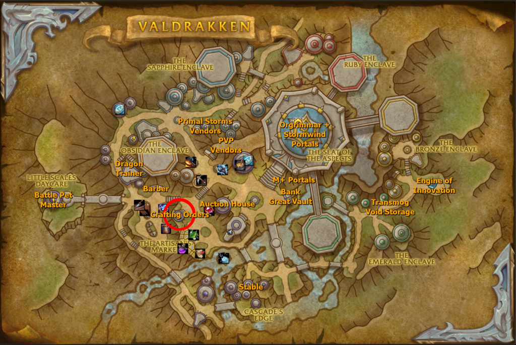 Valdrakken Map with Crafting Orders location highlighted